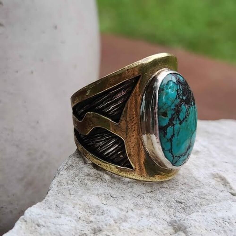 Vintage Men's turquoise ring artisan signed AJ AURORA brass over sterling